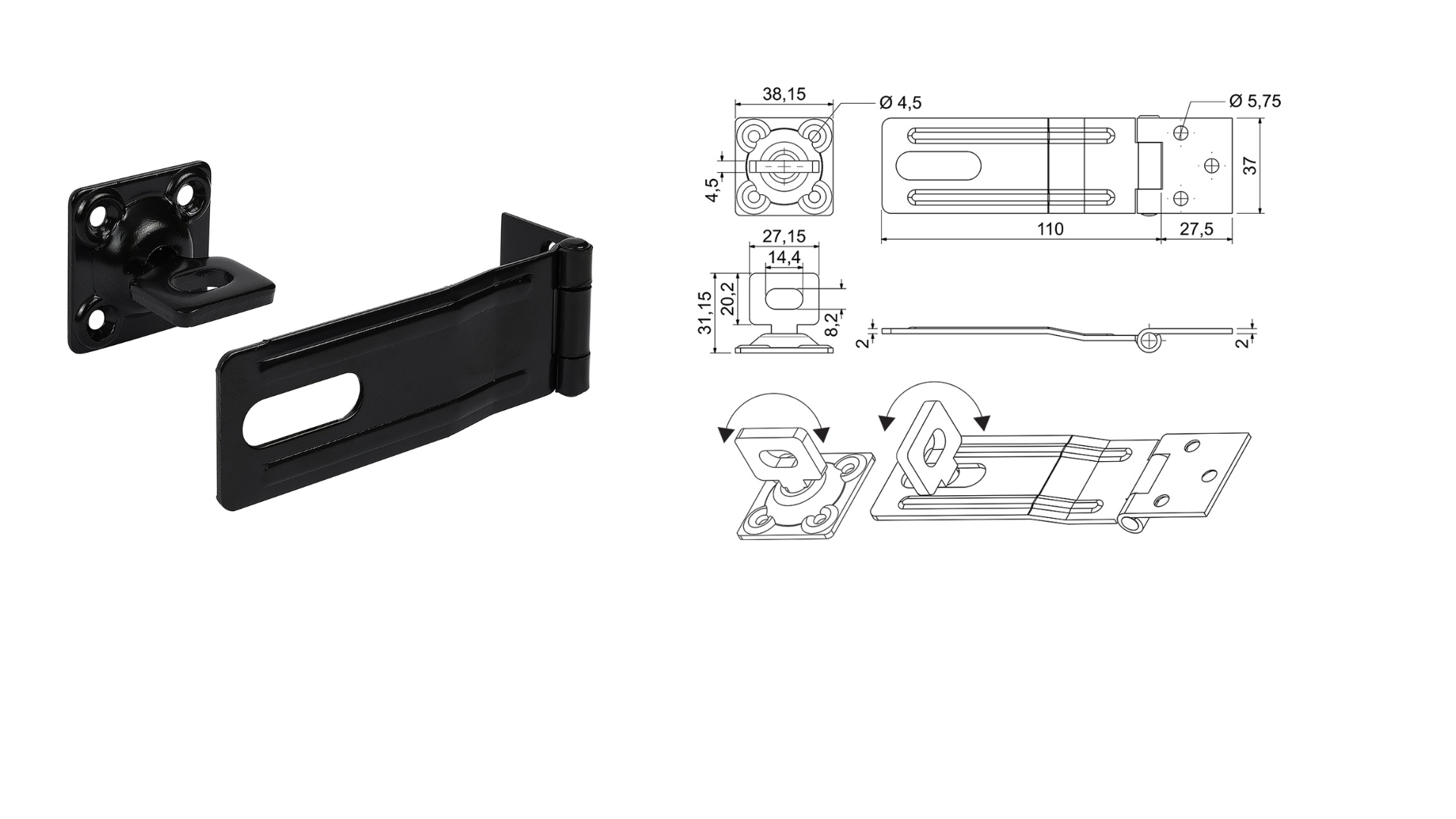 Petlica 110mm s otočným okom čierna matná