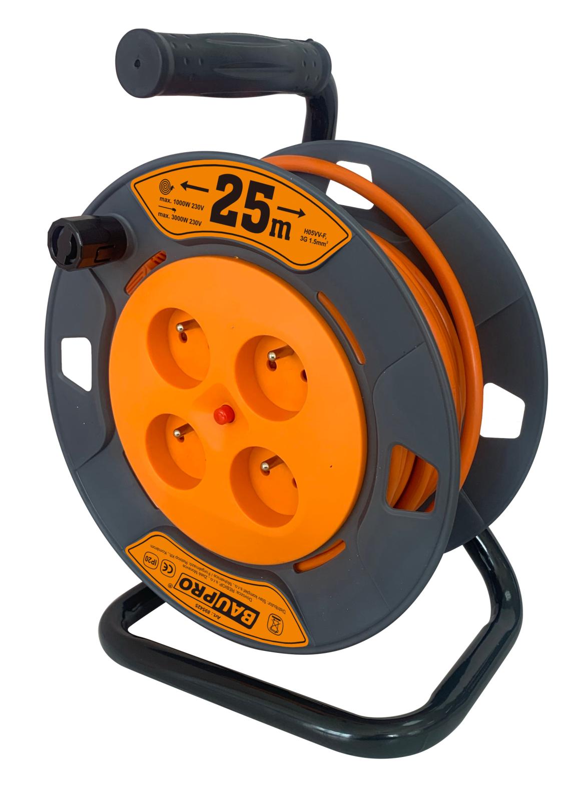Predlžovací prívod 50m s navijakom 4 zásuvky 1,5mm Baupro