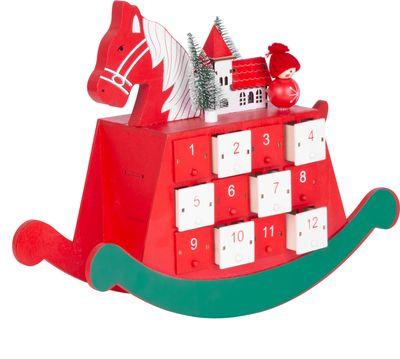 Dekorácia Vianoce, Drevený adventný kalendár - koník, 2x LED, 2xAAA, 34,50x12x28 cm