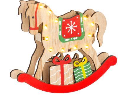 Dekorácia Vianoce, Drevený koník, 12x LED, 2xAAA, teplá biela, 25x4x21 cm