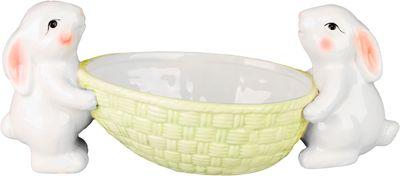Dekorácia, Zajačiky s miskou na vajíčka, biela, 12x26,5x11 cm